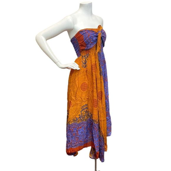 EVEZ boho hippie smocked flowy strapless ethnic dress Fairy Fairycore Beachy - Picture 6 of 6